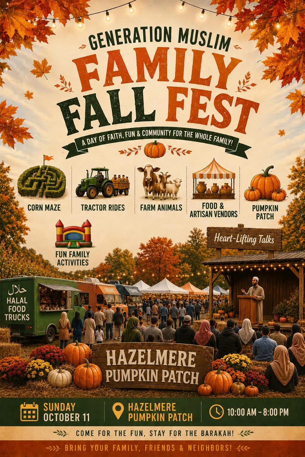 Family Fall Fest poster — Sunday, October 11 at Hazelmere, Surrey, BC. Faith, fun and community for the whole family: corn maze, tractor rides, farm animals, halal food trucks, artisan vendors, pumpkin patch, heart-lifting talks and family activities. 10 AM to 8 PM.